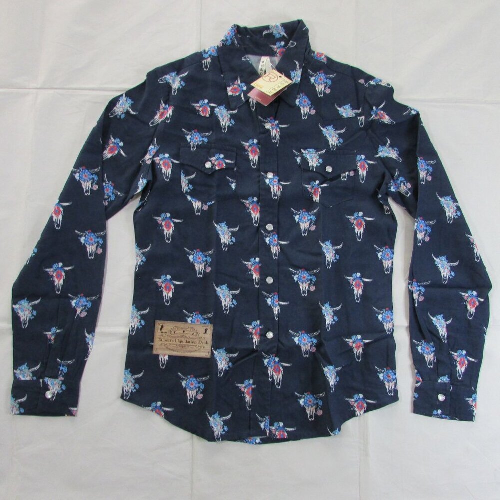 Roper Youth Girl's LG Long Sleeve Steer Skull Print Snap Western Shirt Navy Blue